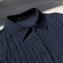 Áo sơ mi dáng croptop xanh dương đậm tay ngắn 608935