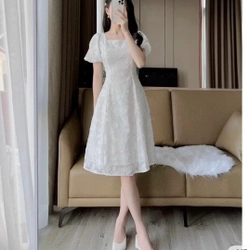 Đầm Dự Tiệc, Cổ Vuông Tay Phồng Họa Tiết Hoa Xinh Xắn 462314
