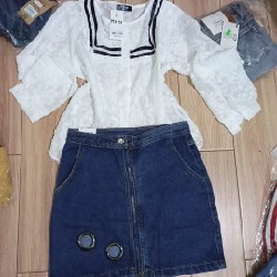 Sét sơ mi lụa tơ tằm chân váy jean 8965
