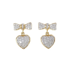 Bông tai kim cương hình ruy băng × trái tim K18YG/K18WG - Hàng hiệu Authentic