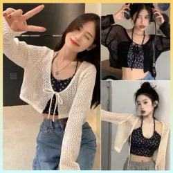 Áo khoác lưới cardigan cột dây phong cách mua hè, kèm áo 2 dây thun basic