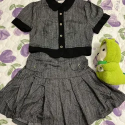 Set váy công sở phối áo cardigan cổ tròn tay ngắn màu xám