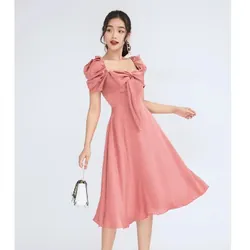 Đầm nữ cổ vuông tay phồng màu hồng đào 681639