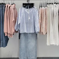 Áo tay bồng cổ tròn cột dây họa tiết kẻ sọc phong cách Hàn Quốc, freesize,  Len Clothing