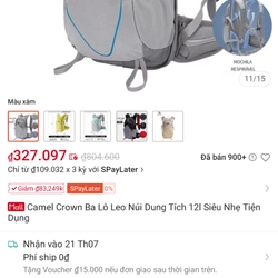 Balo camel 12L màu xám hàng như mới 503705