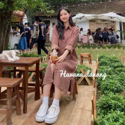 Đầm sơ mi dáng suông chất nhung