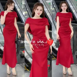 Đầm dạ hội suông dài cổ tròn tay cánh tiên màu đỏ 936976