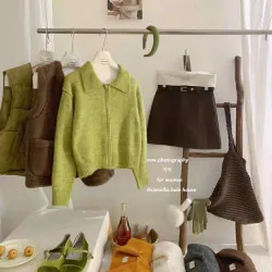 Áo khoác cardigan vải len cổ tròn màu xanh lá cây dành cho nữ 785309