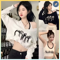 Set (2 MÓN) áo len thun Montoghi CỔ V TUA RUA tay dài kèm áo YẾM Cardigan dệt kim 496870