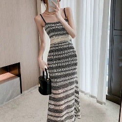 Đầm maxi dài hai dây trắng đen thời trang đi biển 16406