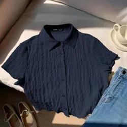 Áo sơ mi dáng croptop xanh dương đậm tay ngắn 608935