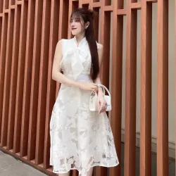 Váy đầm nữ tay ngắn họa tiết hoạ tiết phối đen_size M màu hồng 715963