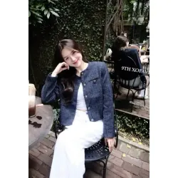 Áo khoác dạ Tweed lửng 2 lớp, đệm vai, form dáng rộng, cúc đồng 970106