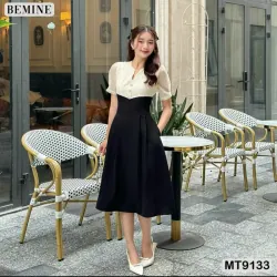 Đầm thiết kế cổ V phối lưới eo đính ngọc dáng xếp ly BEMINE MT9133