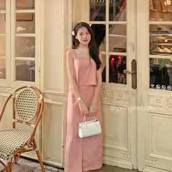 Set áo ngắn váy ôm dài màu hồng