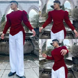 Áo sơ mi nữ cổ điệu tay phồng màu đỏ phối quần trắng phong cách mới 930877