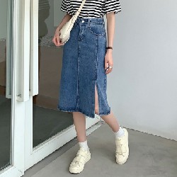 Chân váy Jean denim Thiết kế Midi dài Xẻ tà Lưng cao 