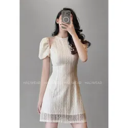 Váy tiểu thư chất ren màu trắng kem