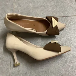 Giày cao gót nữ 7cm màu kem phối nơ nâu 759570