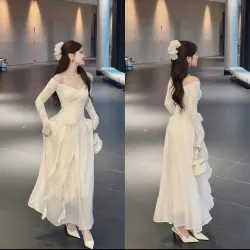 Đầm váy nữ ren phối tơ trễ vai đính hoa dài tay 1010714