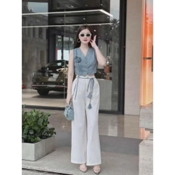 Set áo croptop cổ vest kèm quần ống rộng lưng cao – Freesize 443456
