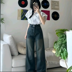 Quần jean suông nấm lùn phối túi RETRO dài 93-95cm 466130