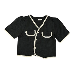 Áo khoác croptop ngắn tay cổ V viền trắng cúc tròn, áo khoác 2 lớp có độn vai 443017