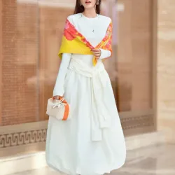 Váy nữ dài dài tay màu trắng phối eo thắt đậm chất mùa thu 777187