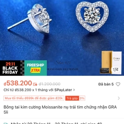 Bông tai Moissanite nụ trái tim chứng nhận GRA  kim cương nhân tạo 5 li đã qua sử dụng