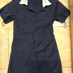 đầm sơ mi xanh navy cổ trắng vải cotton thô mát không nhăn