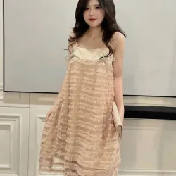 Váy nữ kiểu babydoll phối nơ, màu hồng, size M