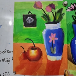 Tranh màu acrylic Bình hoa và quả táo