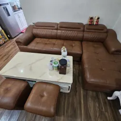 bộ sofa góc chữ L, bọc giả da bò kích thước 3 x2 m ghế. gồm ghế, bàn, 2 đôn 1031805