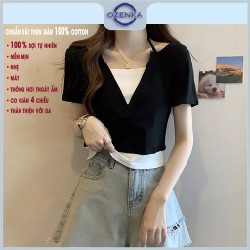 Áo croptop nữ ôm tay ngắn Ozenka màu đen trắng mặc đi học đi chơi 12417