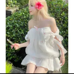 Váy hè trễ vai tơ mềm thêu nơ cho nữ ( Tặng kèm quần bảo hộ )