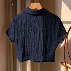 Áo sơ mi dáng croptop xanh dương đậm tay ngắn 608935