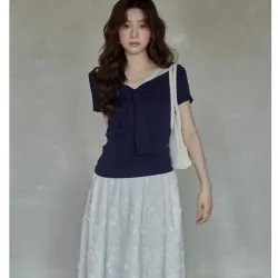 Áo thun NEWTAG nữ tính cổ ren hãng Seemon chất thun mềm mại