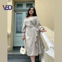 Đầm lụa tiểu thư dáng xòe DABS058 - ghi vàng - L