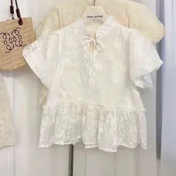 Áo babydoll, áo cổ tàu tay ngắn phối ren hoa 738353