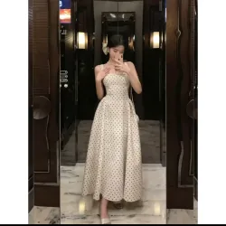 Váy maxi nữ phối chấm bi màu be cổ tròn tay không dài dáng xòe 1000141