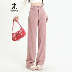 Quần jean nữ màu hồng cạp cao ống rộng size M 785782