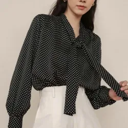 Áo kiểu chấm bi cột nơ size M, shop MayBi