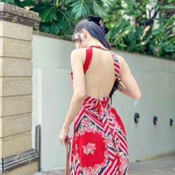 Đầm maxi họa tiết khoét lưng , chất lụa thái, Freesize 104092