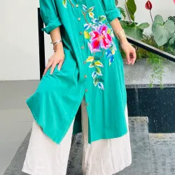 Áo sơ mi nữ dài tay thêu hoa phối màu xanh dương