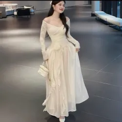 Đầm váy nữ ren phối tơ trễ vai đính hoa dài tay 1010714