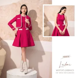 Set áo khoác kèm váy dạ tweed hồng cánh sen thiết kế cao cấp by Aries size M  748628