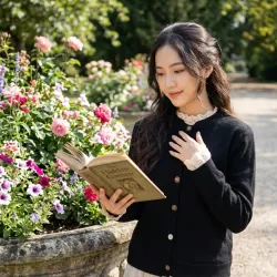 Áo khoác len Cardigan nữ size M, màu đen, tay phối ren hoa