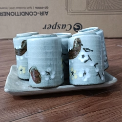 Bộ cốc ly chén gốm Nhật -(Men Mộc + Men Rạn)-(Bộ 5 Ly + 1 Khay)[Ly uống nước, trà, cà phê] 470509