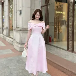 Váy đầm nữ tay ngắn họa tiết hoạ tiết phối đen_size M màu hồng 715963