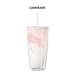 Ly nhựa 2 lớp Lock&Lock Cherry Blossom double wall cold cup 750ml kèm ống hút HAP522WHT